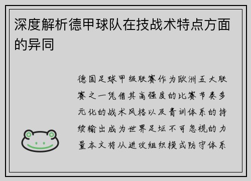 深度解析德甲球队在技战术特点方面的异同