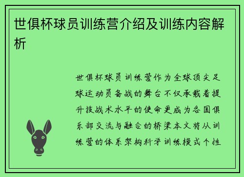 世俱杯球员训练营介绍及训练内容解析